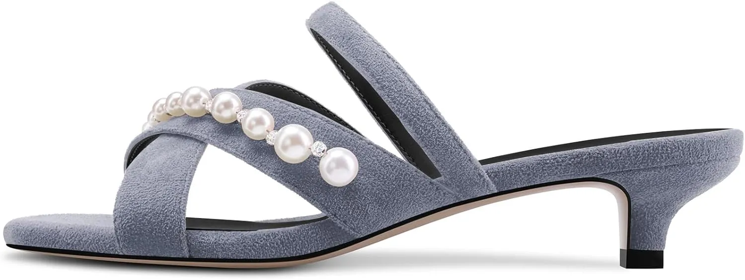DearOnly Womens Low Kitten Heel Open Toe Cross-Strap Sandals Pearls Rhinestone Crystal Casual Slip-on Mules Shoes 1.4 Inches Heels