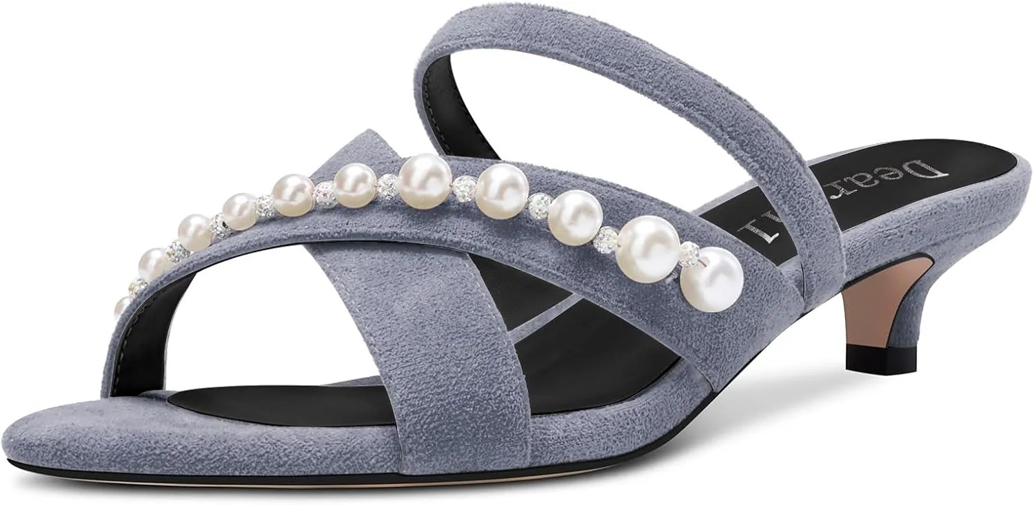 DearOnly Womens Low Kitten Heel Open Toe Cross-Strap Sandals Pearls Rhinestone Crystal Casual Slip-on Mules Shoes 1.4 Inches Heels