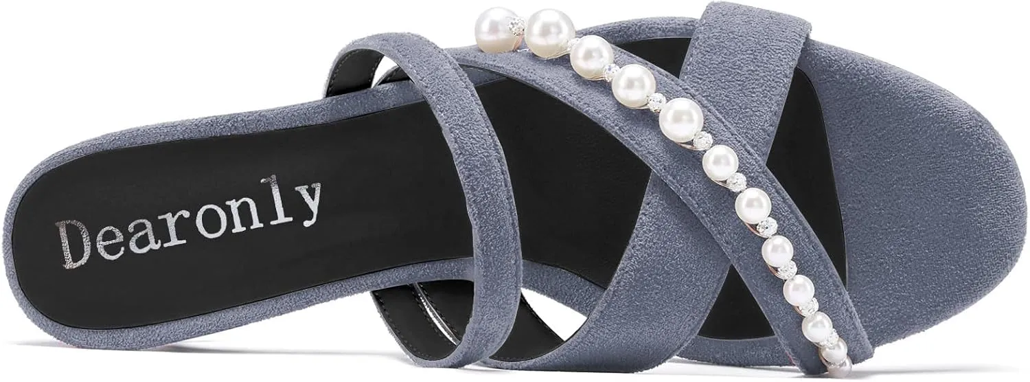DearOnly Womens Low Kitten Heel Open Toe Cross-Strap Sandals Pearls Rhinestone Crystal Casual Slip-on Mules Shoes 1.4 Inches Heels