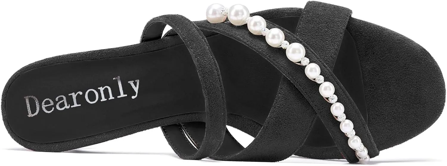 DearOnly Womens Low Kitten Heel Open Toe Cross-Strap Sandals Pearls Rhinestone Crystal Casual Slip-on Mules Shoes 1.4 Inches Heels