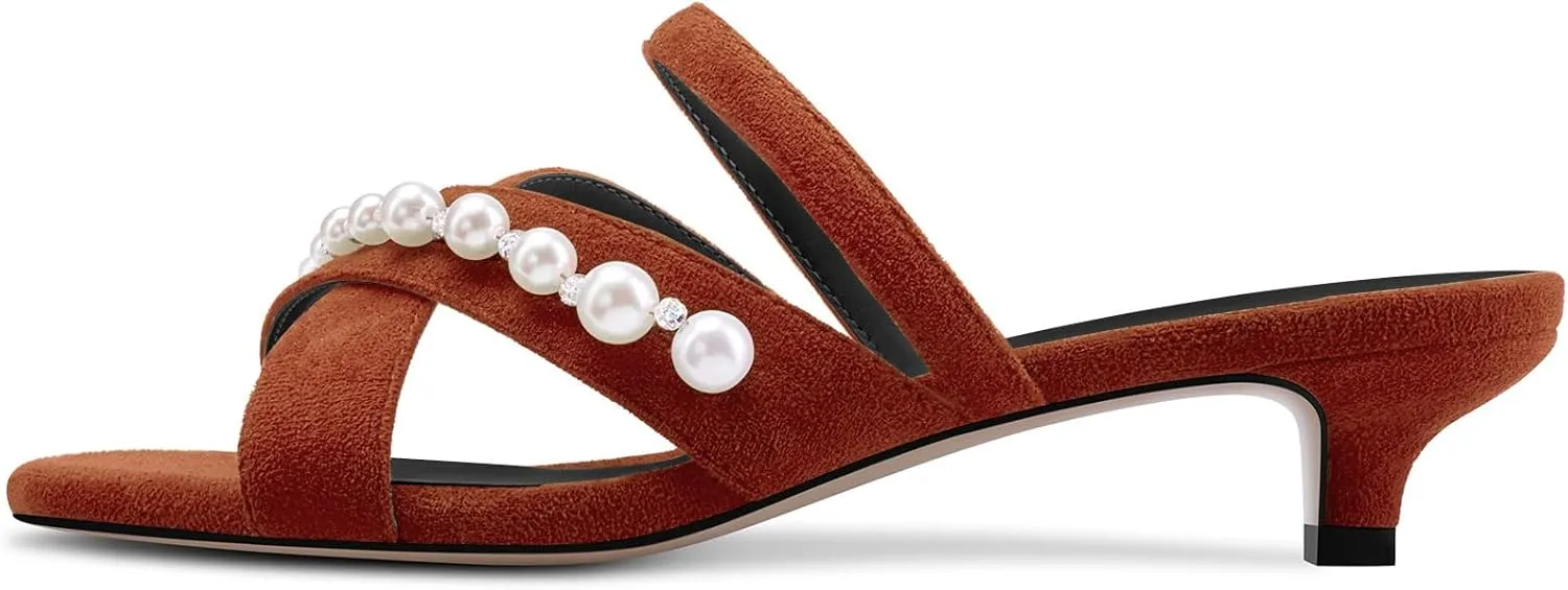 DearOnly Womens Low Kitten Heel Open Toe Cross-Strap Sandals Pearls Rhinestone Crystal Casual Slip-on Mules Shoes 1.4 Inches Heels