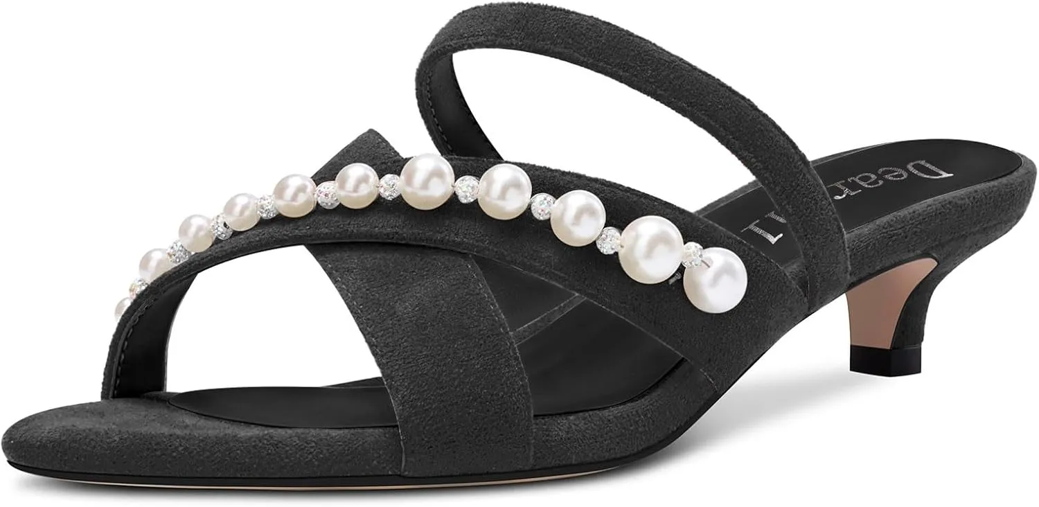 DearOnly Womens Low Kitten Heel Open Toe Cross-Strap Sandals Pearls Rhinestone Crystal Casual Slip-on Mules Shoes 1.4 Inches Heels