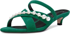 DearOnly Womens Low Kitten Heel Open Toe Cross-Strap Sandals Pearls Rhinestone Crystal Casual Slip-on Mules Shoes 1.4 Inches Heels