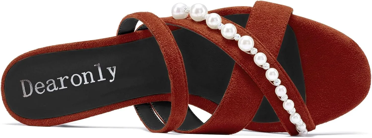 DearOnly Womens Low Kitten Heel Open Toe Cross-Strap Sandals Pearls Rhinestone Crystal Casual Slip-on Mules Shoes 1.4 Inches Heels