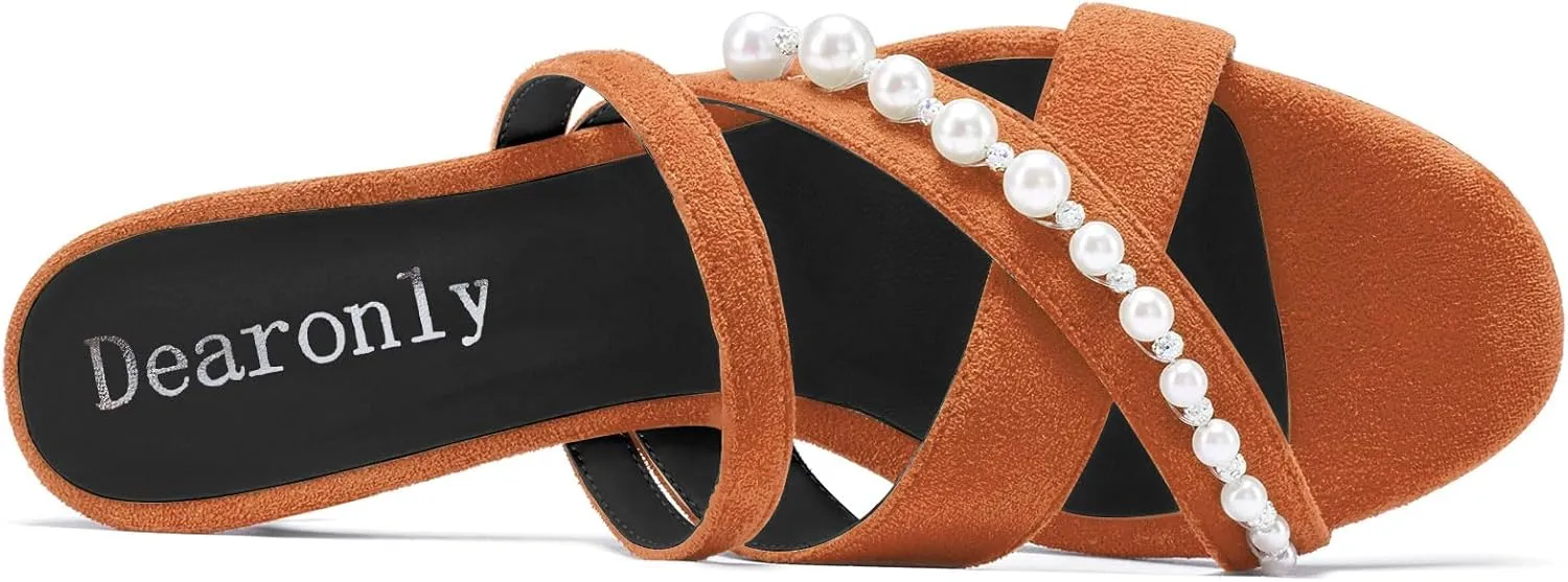 DearOnly Womens Low Kitten Heel Open Toe Cross-Strap Sandals Pearls Rhinestone Crystal Casual Slip-on Mules Shoes 1.4 Inches Heels