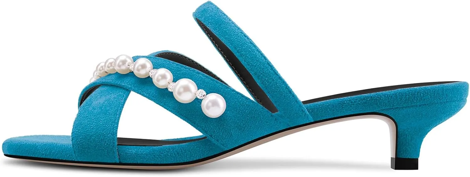 DearOnly Womens Low Kitten Heel Open Toe Cross-Strap Sandals Pearls Rhinestone Crystal Casual Slip-on Mules Shoes 1.4 Inches Heels