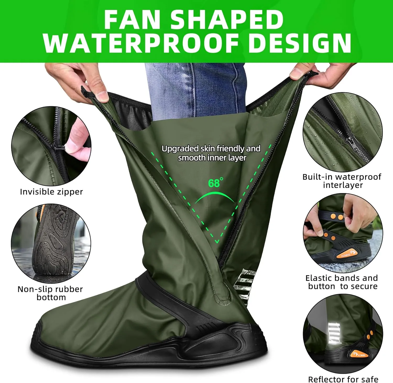 Desoto Premium Waterproof Rain Boot Shoe Cover with Zipper & Reflector, for Women & Men, Heavy Duty & Reusable