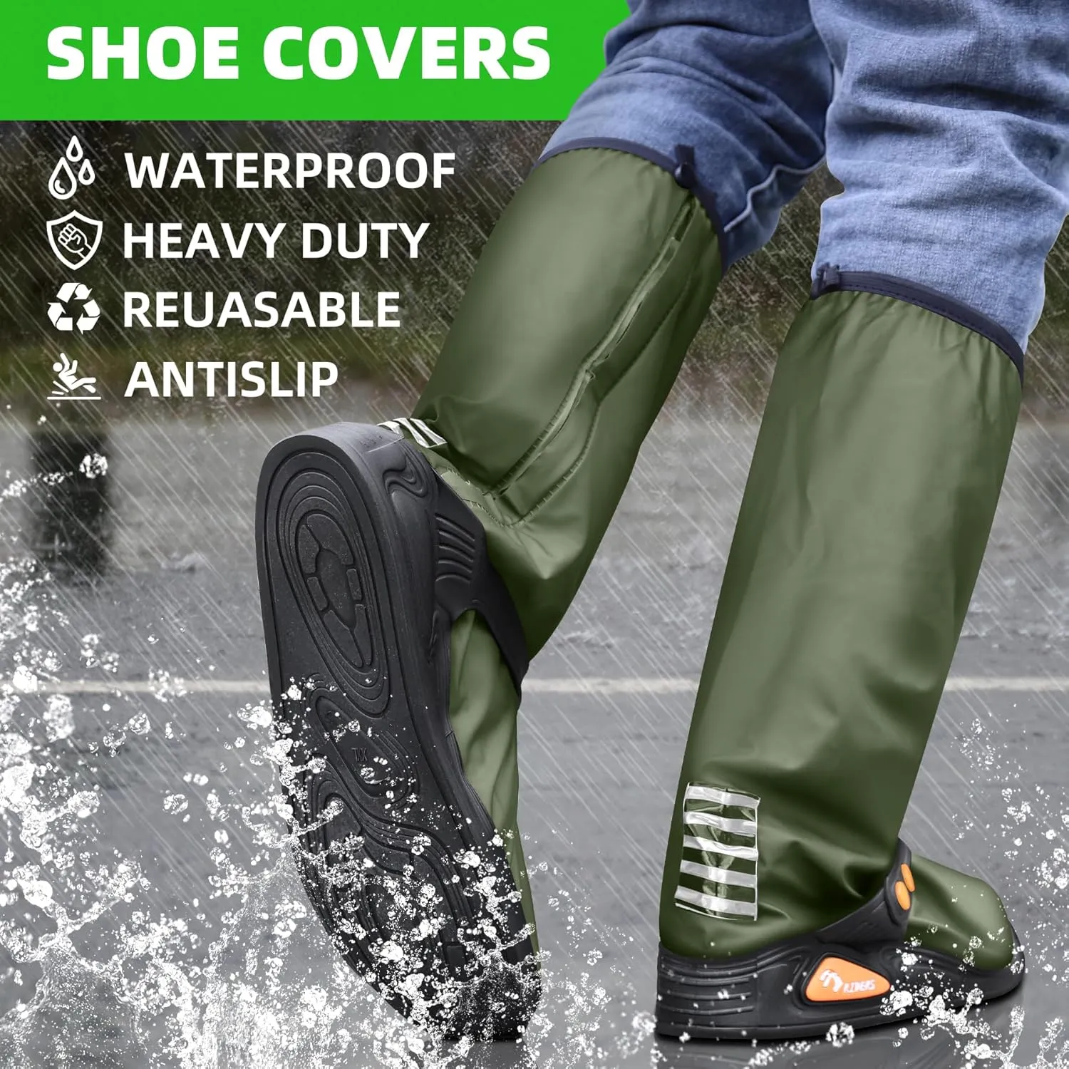 Desoto Premium Waterproof Rain Boot Shoe Cover with Zipper & Reflector, for Women & Men, Heavy Duty & Reusable