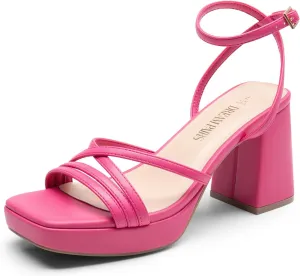 DREAM PAIRS Strappy Heels for Women Platform Chunky High 3-inch Heeled Sandals with Square Open Toe Ankle Buckle for Graduation Party Prom Daily Wedding