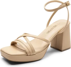 DREAM PAIRS Strappy Heels for Women Platform Chunky High 3-inch Heeled Sandals with Square Open Toe Ankle Buckle for Graduation Party Prom Daily Wedding