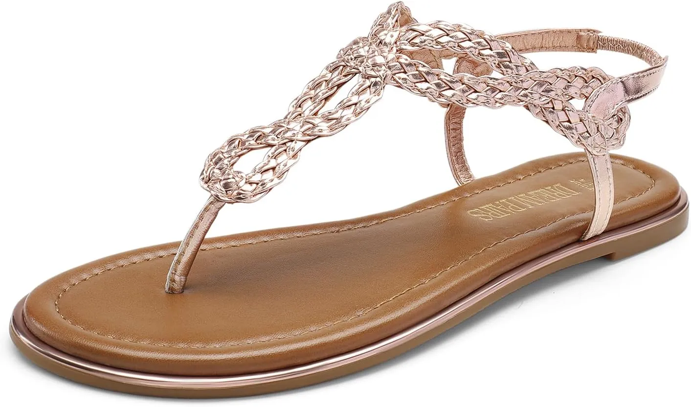 DREAM PAIRS Women's Flat Sandals Dressy Summer Stappy Comfortable Ankle Elastic T-Strap Beach Thong Sandals