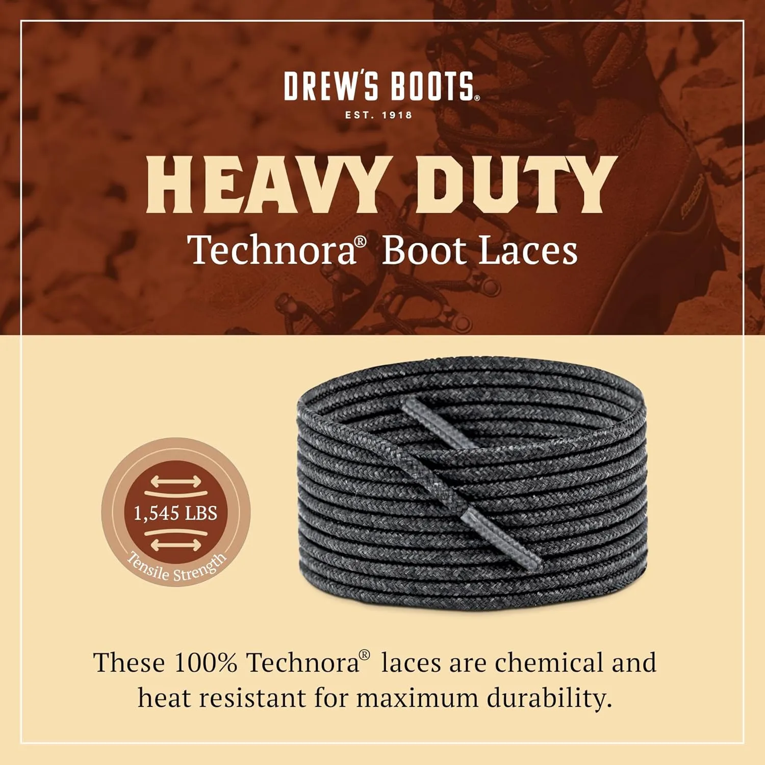 Drew's Boots Technora Boot Laces for Men and Women - Virtually Unbreakable, Braided, Flame-Resistant Work Boot Laces