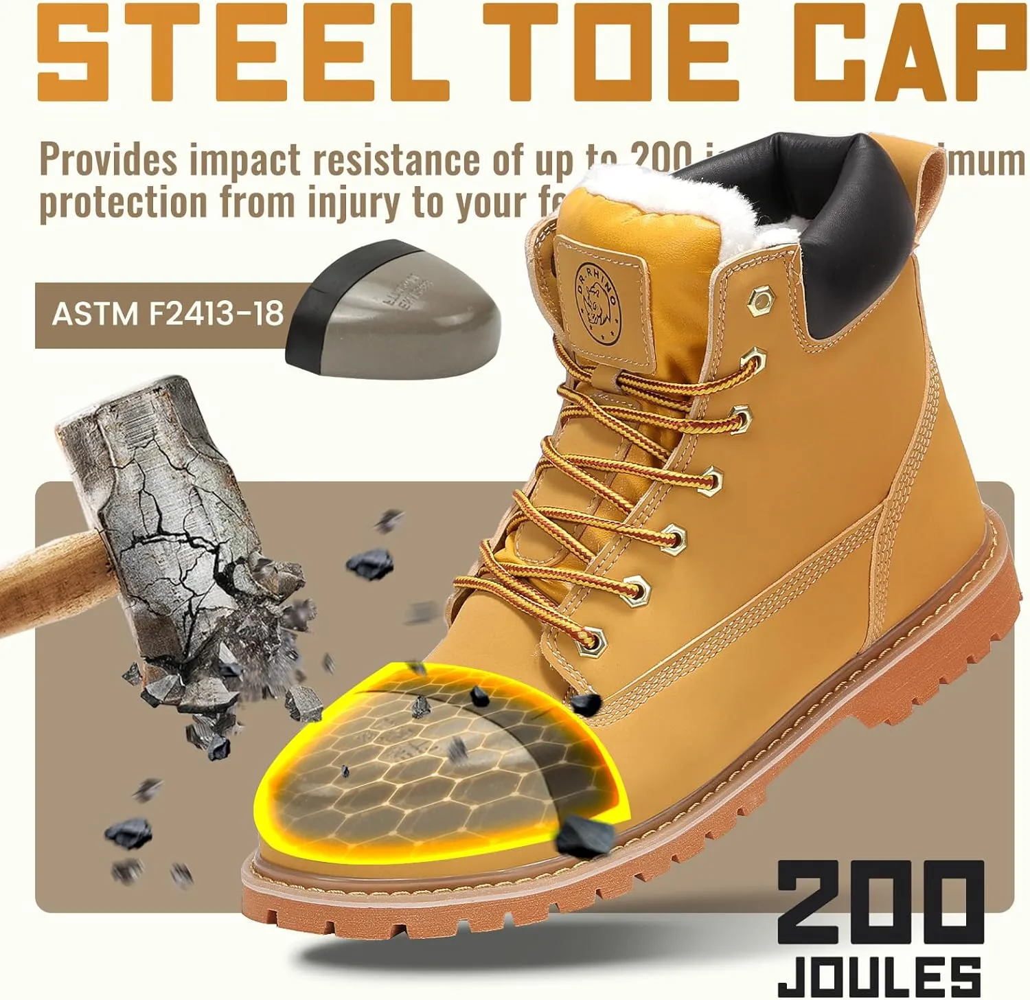 Dr.RHINO Winter Steel Toe Boots for Men Comfortable Winter Work Boots Waterproof Slip Resistant Snow Safety Boots Indestructible Construction Boots