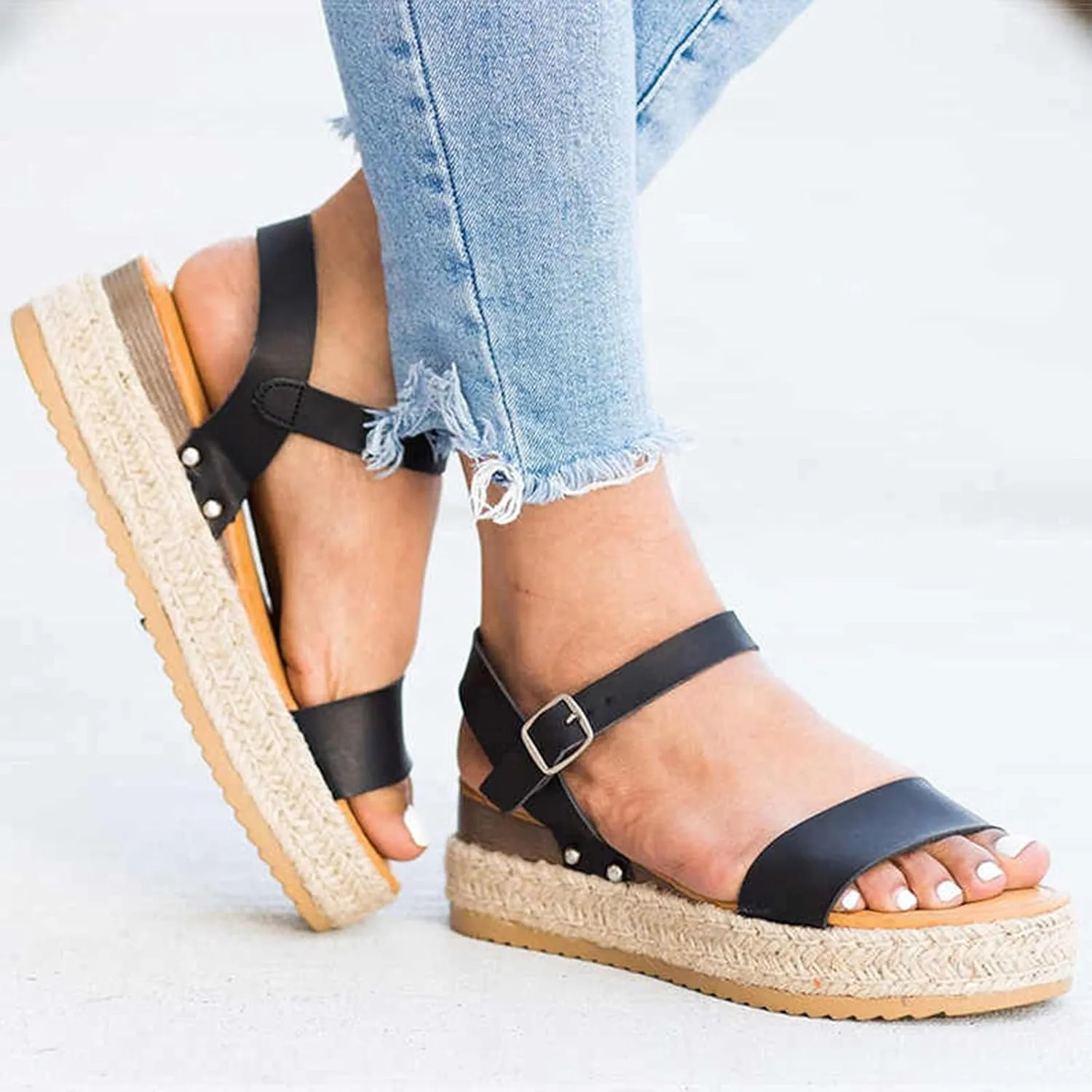 Eduavar Sandals Women Dressy Summer, Womens Sandals Wedge Dressy Summer Slip On Open Toe Sandals Comfy Leopard Shoes