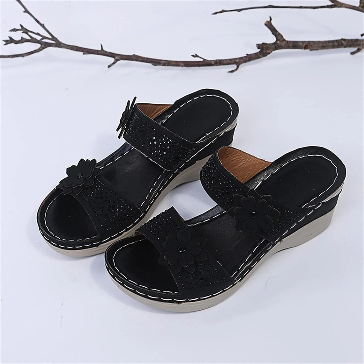 Eduavar Wedge Sandals for Women, Sandals for Women Dressy Summer Beach Sandals Lace Trim Ring Toe Floral Flat Sandal