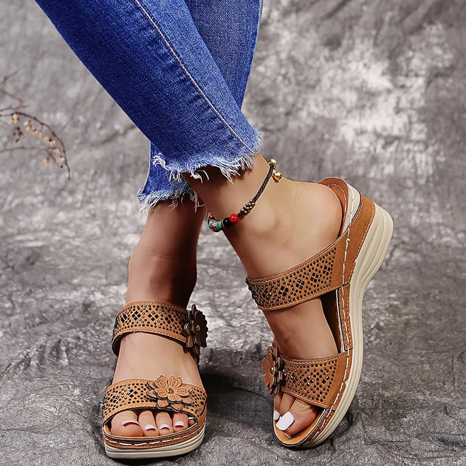 Eduavar Wedge Sandals for Women, Sandals for Women Dressy Summer Beach Sandals Lace Trim Ring Toe Floral Flat Sandal