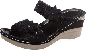 Eduavar Wedge Sandals for Women, Sandals for Women Dressy Summer Beach Sandals Lace Trim Ring Toe Floral Flat Sandal