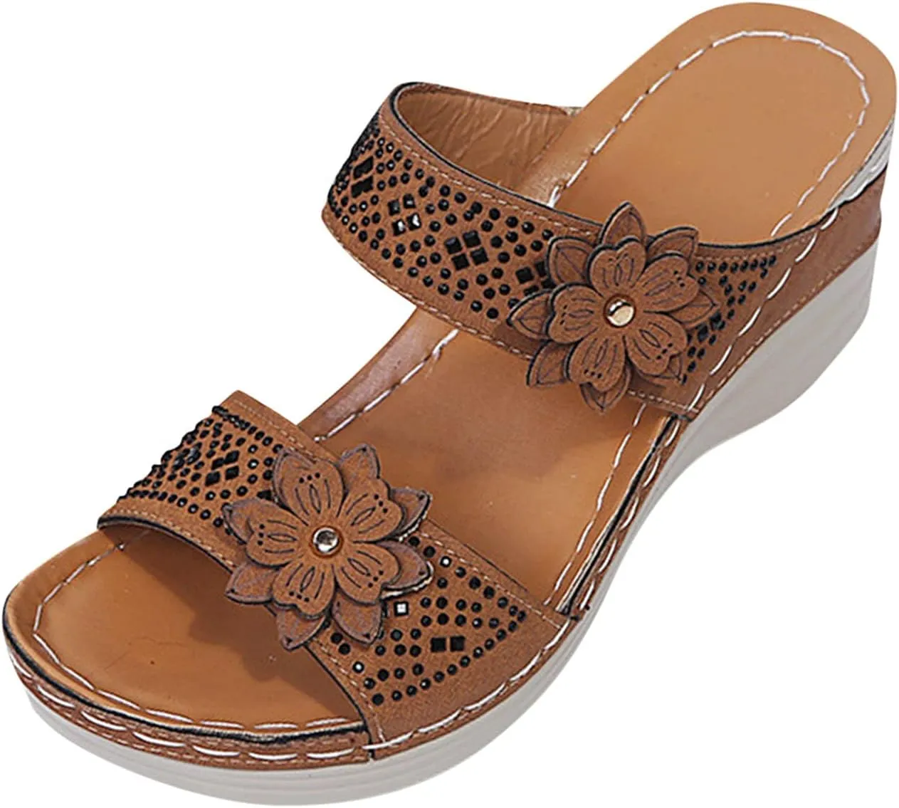 Eduavar Wedge Sandals for Women, Sandals for Women Dressy Summer Beach Sandals Lace Trim Ring Toe Floral Flat Sandal