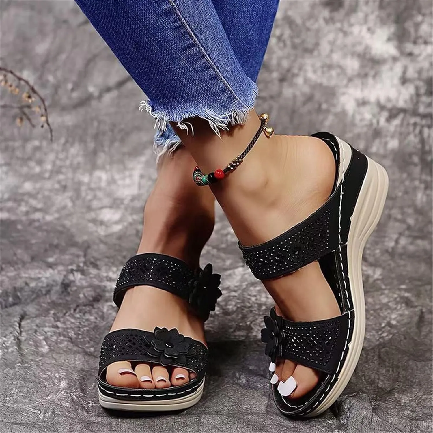 Eduavar Wedge Sandals for Women, Sandals for Women Dressy Summer Beach Sandals Lace Trim Ring Toe Floral Flat Sandal
