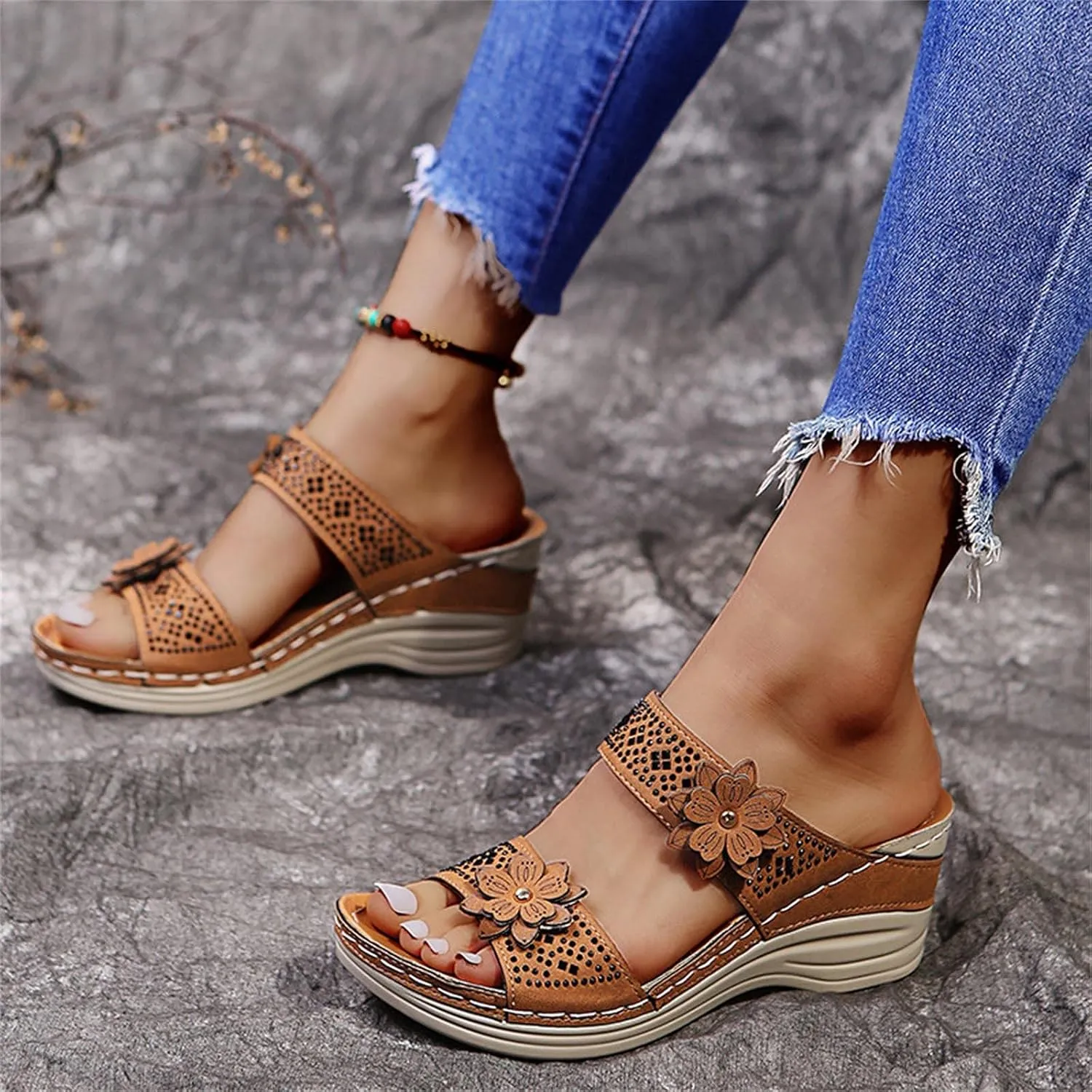 Eduavar Wedge Sandals for Women, Sandals for Women Dressy Summer Beach Sandals Lace Trim Ring Toe Floral Flat Sandal