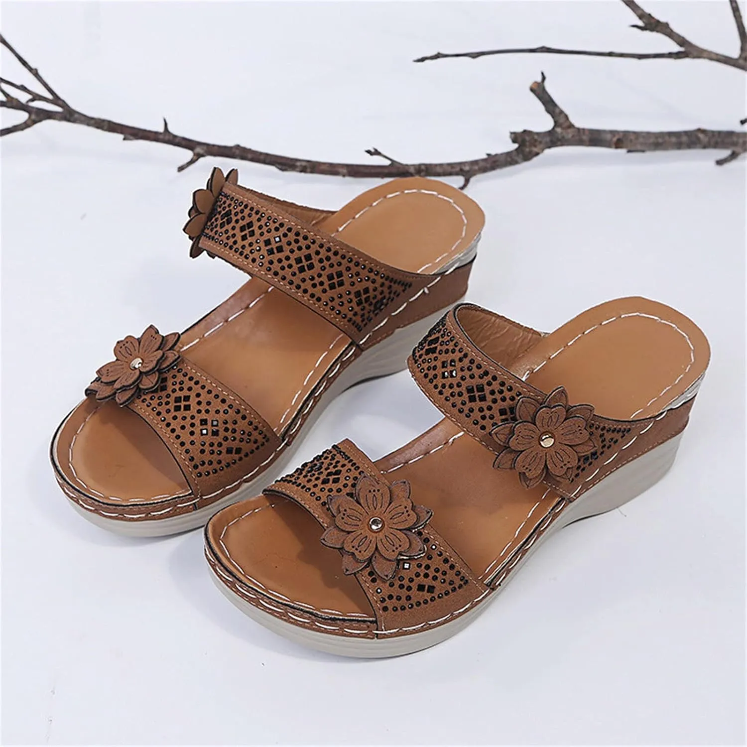 Eduavar Wedge Sandals for Women, Sandals for Women Dressy Summer Beach Sandals Lace Trim Ring Toe Floral Flat Sandal