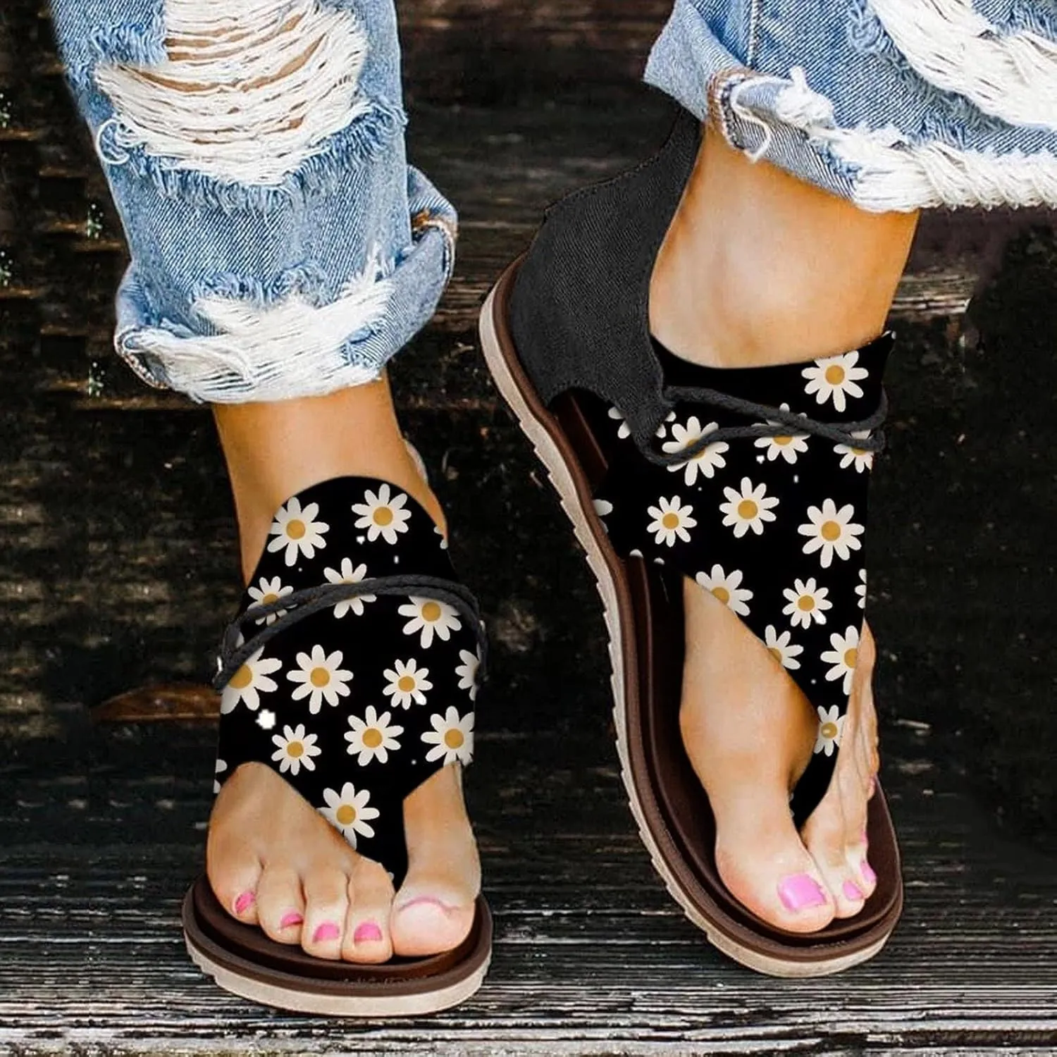 Eduavar Wedge Sandals for Women, Women's Sandals Lace Trim Ring Toe Floral Flat Sandals Dressy Summer Beach Sandals