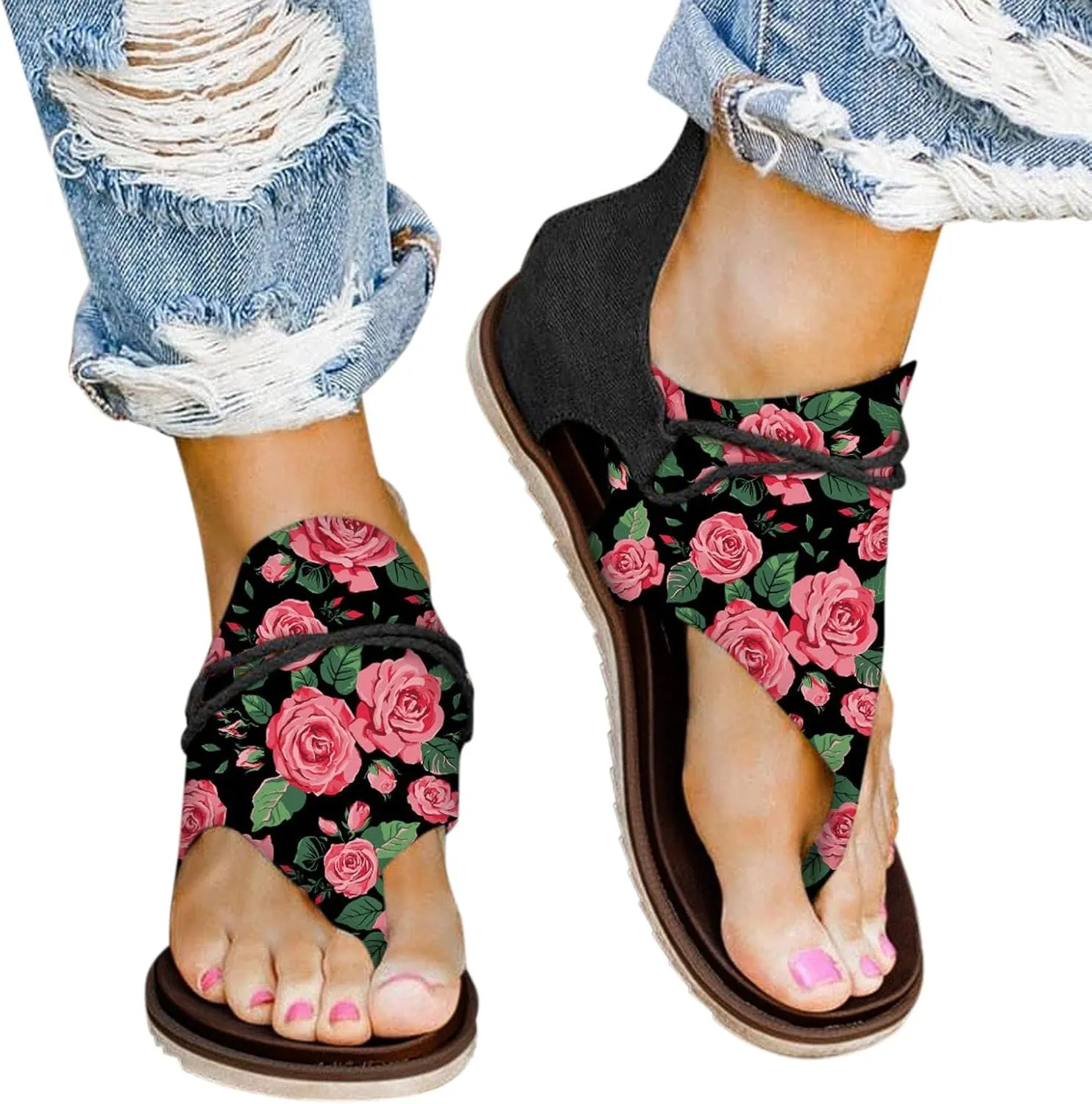 Eduavar Wedge Sandals for Women, Women's Sandals Lace Trim Ring Toe Floral Flat Sandals Dressy Summer Beach Sandals