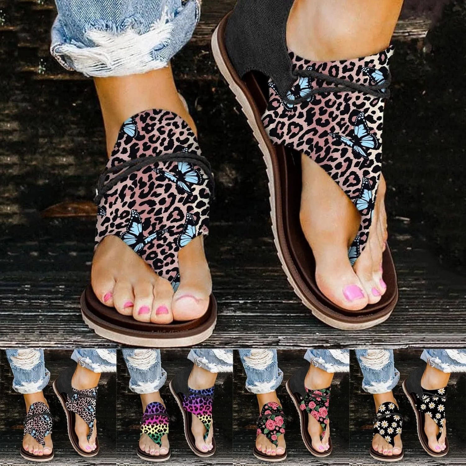 Eduavar Wedge Sandals for Women, Women's Sandals Lace Trim Ring Toe Floral Flat Sandals Dressy Summer Beach Sandals