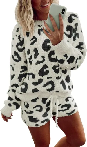Ekouaer Fuzzy Fleece Pajamas 2 Piece Warm Soft Lounge Set Long Sleeve Sweater Top and Shorts Loungewear Outfits Sweatsuits