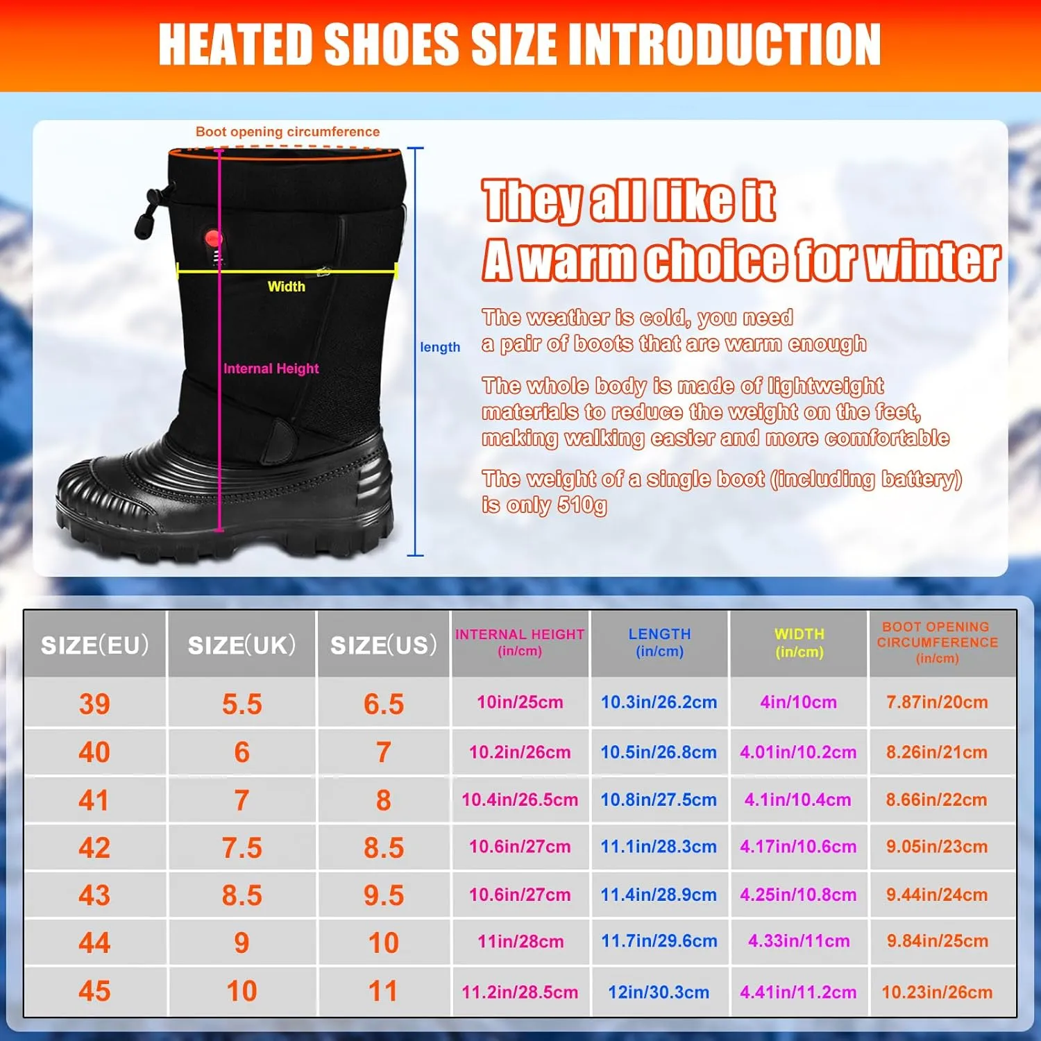 Electric Heated Snow Boots, 3 Temperature Settings Heated Shoes with 7.4V 3000mAh*2 Rechargeable Battery, Waterproof Non-Slip Winter Boots for Men Women, Keep Feet Warm Indoor Outdoor