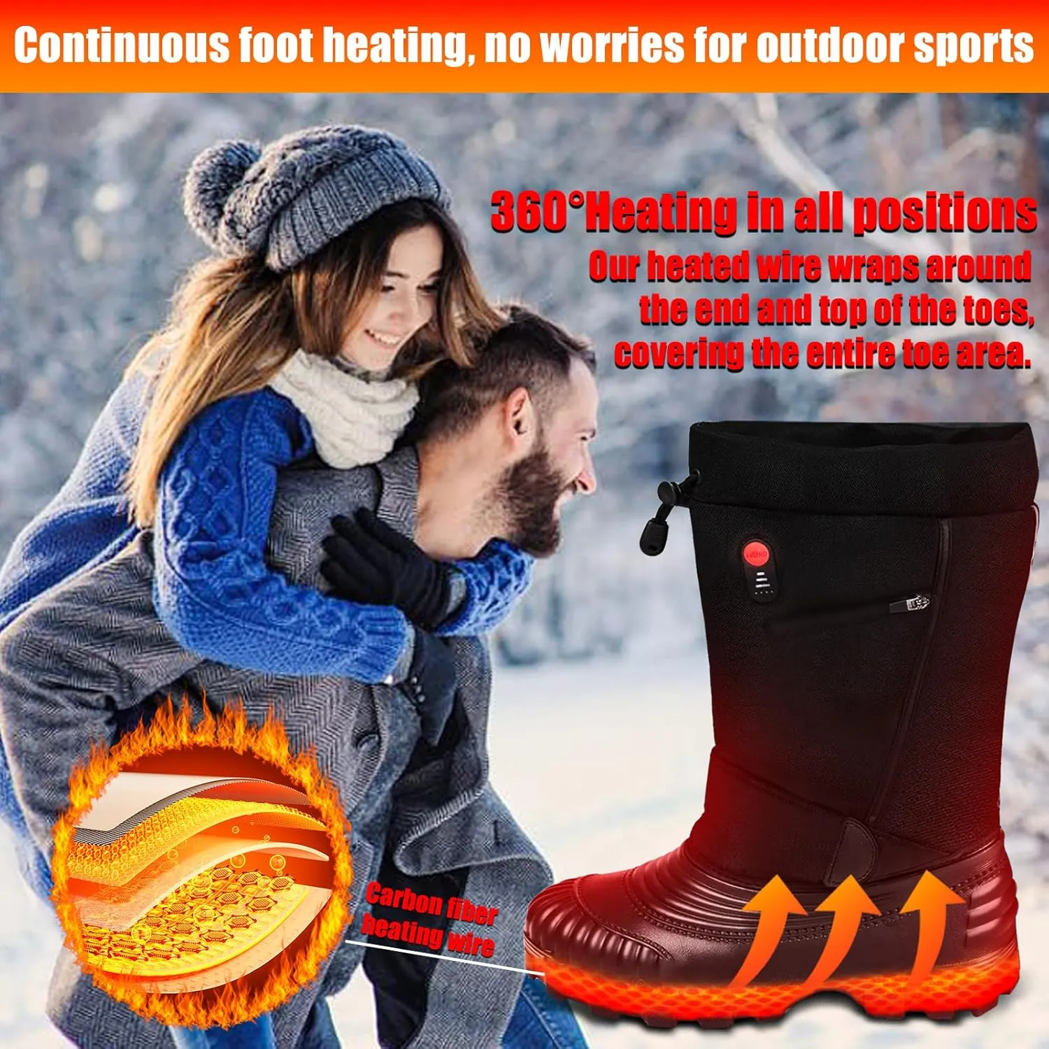 Electric Heated Snow Boots, 3 Temperature Settings Heated Shoes with 7.4V 3000mAh*2 Rechargeable Battery, Waterproof Non-Slip Winter Boots for Men Women, Keep Feet Warm Indoor Outdoor