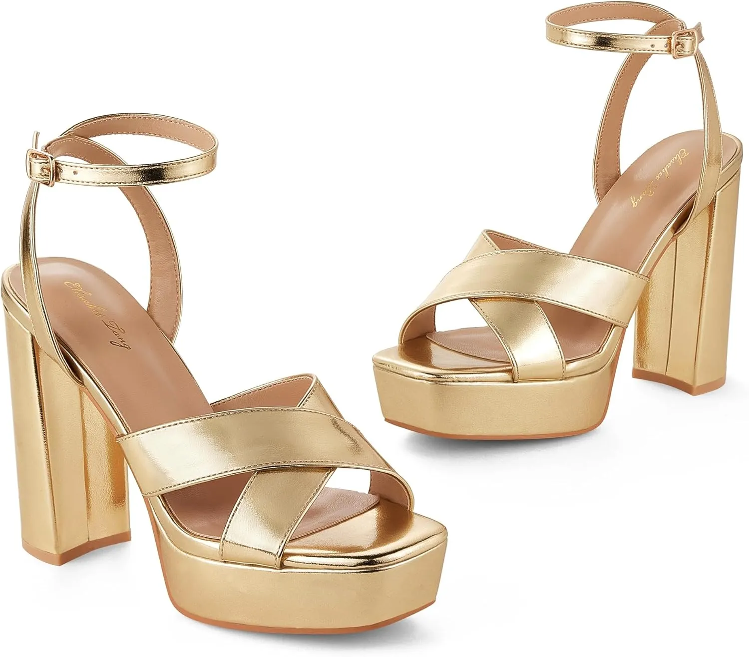 Elisabet Tang Platform Chunky High Heels Sandals for Women,4.7 inch Strappy Square Open Toe Block Heels Sexy Ankle Strap Thick Heeled Sandals Daily Wedding Party Dress Shoes