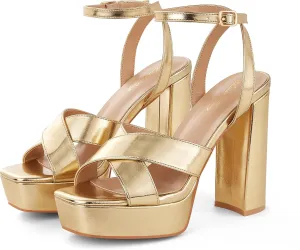 Elisabet Tang Platform Chunky High Heels Sandals for Women,4.7 inch Strappy Square Open Toe Block Heels Sexy Ankle Strap Thick Heeled Sandals Daily Wedding Party Dress Shoes