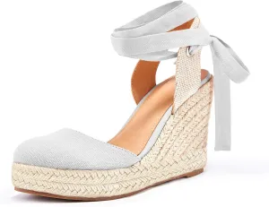 Ermonn Womens Espadrilles Wedge Sandals Platform Closed Toe Ankle Strap Lace Up Summer Shoes
