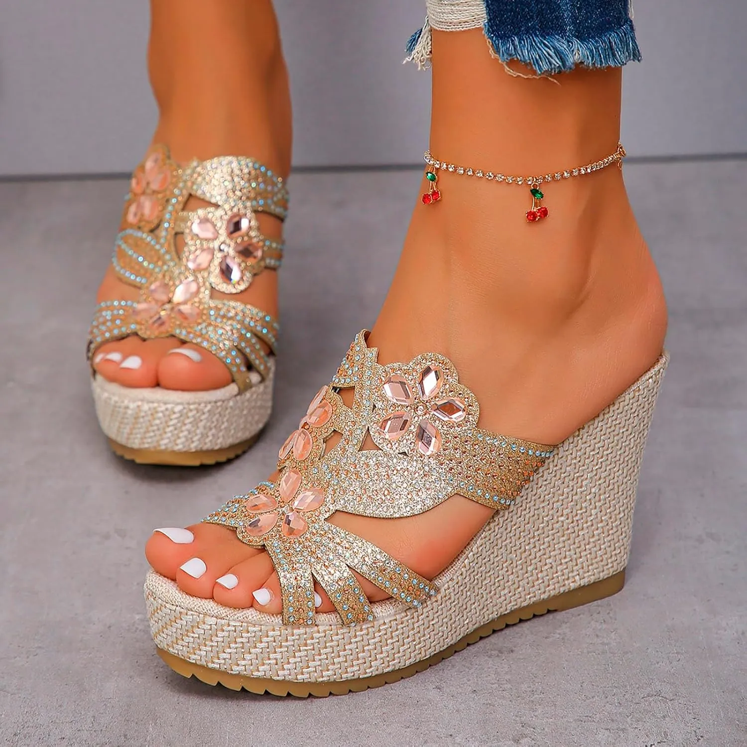 European And Plus Size Rhinestone High Heel Wedge Slippers Women's Flatform Thick Soled Flip Shoes Women Sandals Fashion