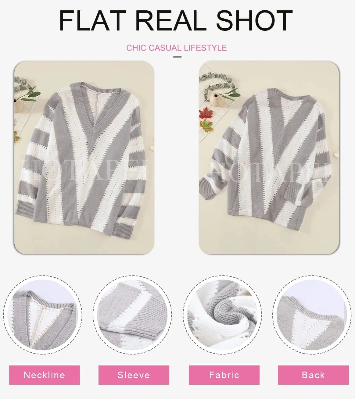 EVALESS Sweaters for Women Sleeve Sexy Deep V Neck Casual Knit Striped Pullover Sweater