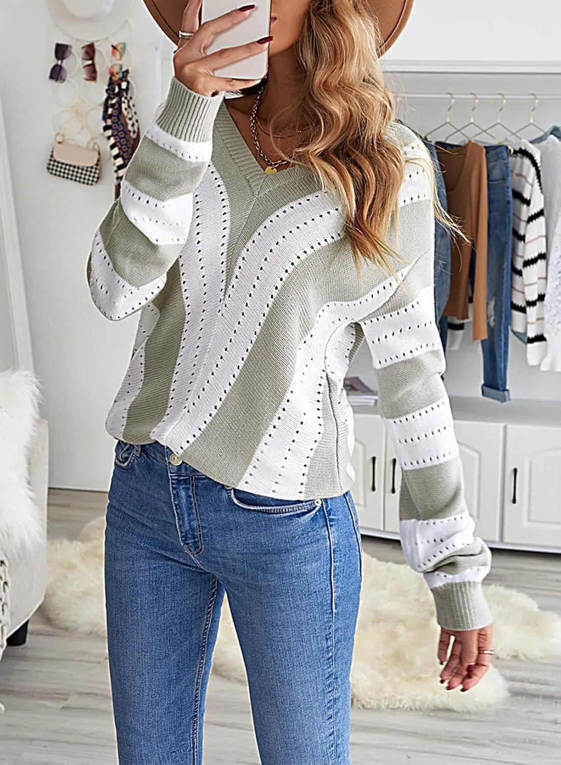 EVALESS Sweaters for Women Sleeve Sexy Deep V Neck Casual Knit Striped Pullover Sweater