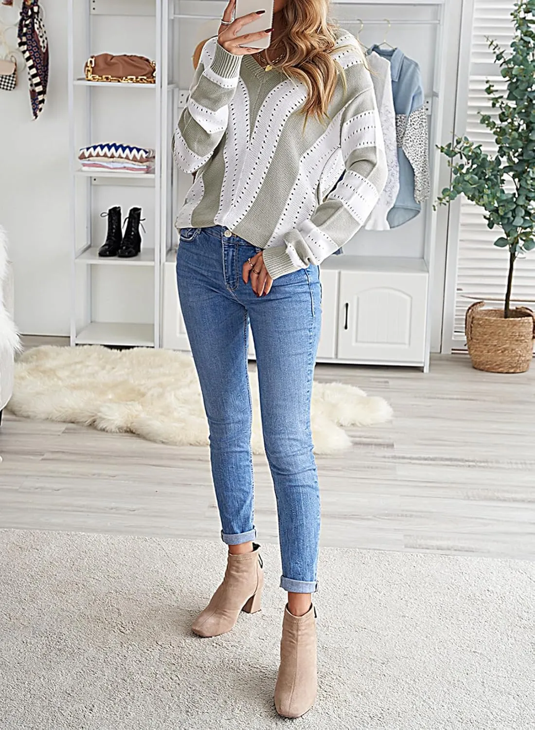 EVALESS Sweaters for Women Sleeve Sexy Deep V Neck Casual Knit Striped Pullover Sweater