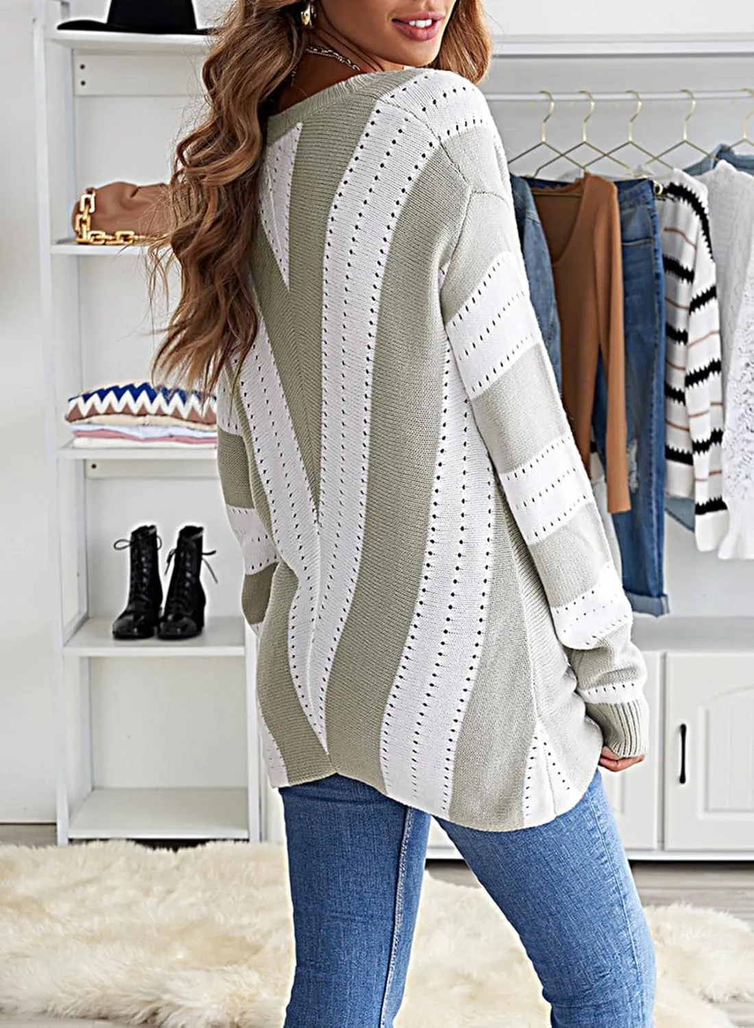 EVALESS Sweaters for Women Sleeve Sexy Deep V Neck Casual Knit Striped Pullover Sweater
