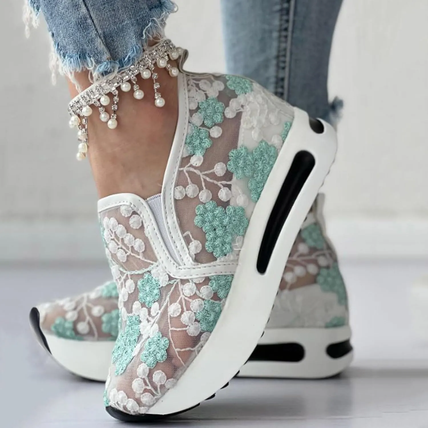 Fashion Sneakers for Women Floral Embroidery Breathable Sheer Mesh Sneakers Slip On Sneakers Platform Wedge Shoes