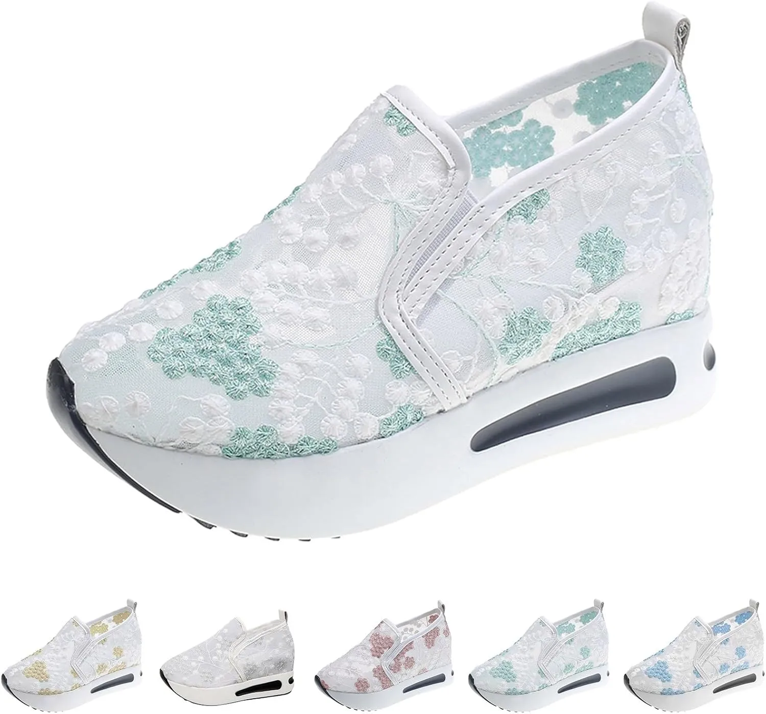 Fashion Sneakers for Women Floral Embroidery Breathable Sheer Mesh Sneakers Slip On Sneakers Platform Wedge Shoes