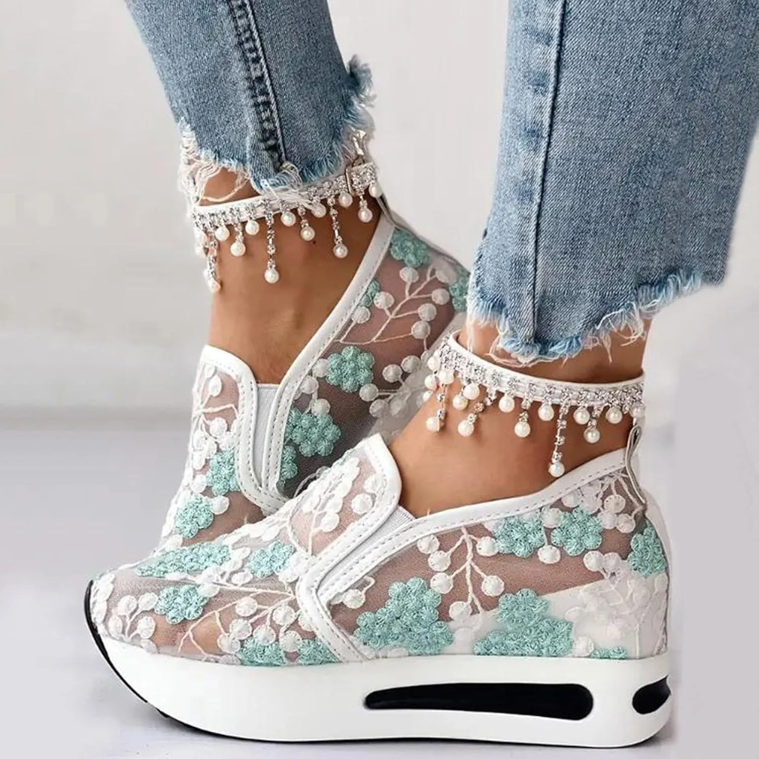 Fashion Sneakers for Women Floral Embroidery Breathable Sheer Mesh Sneakers Slip On Sneakers Platform Wedge Shoes