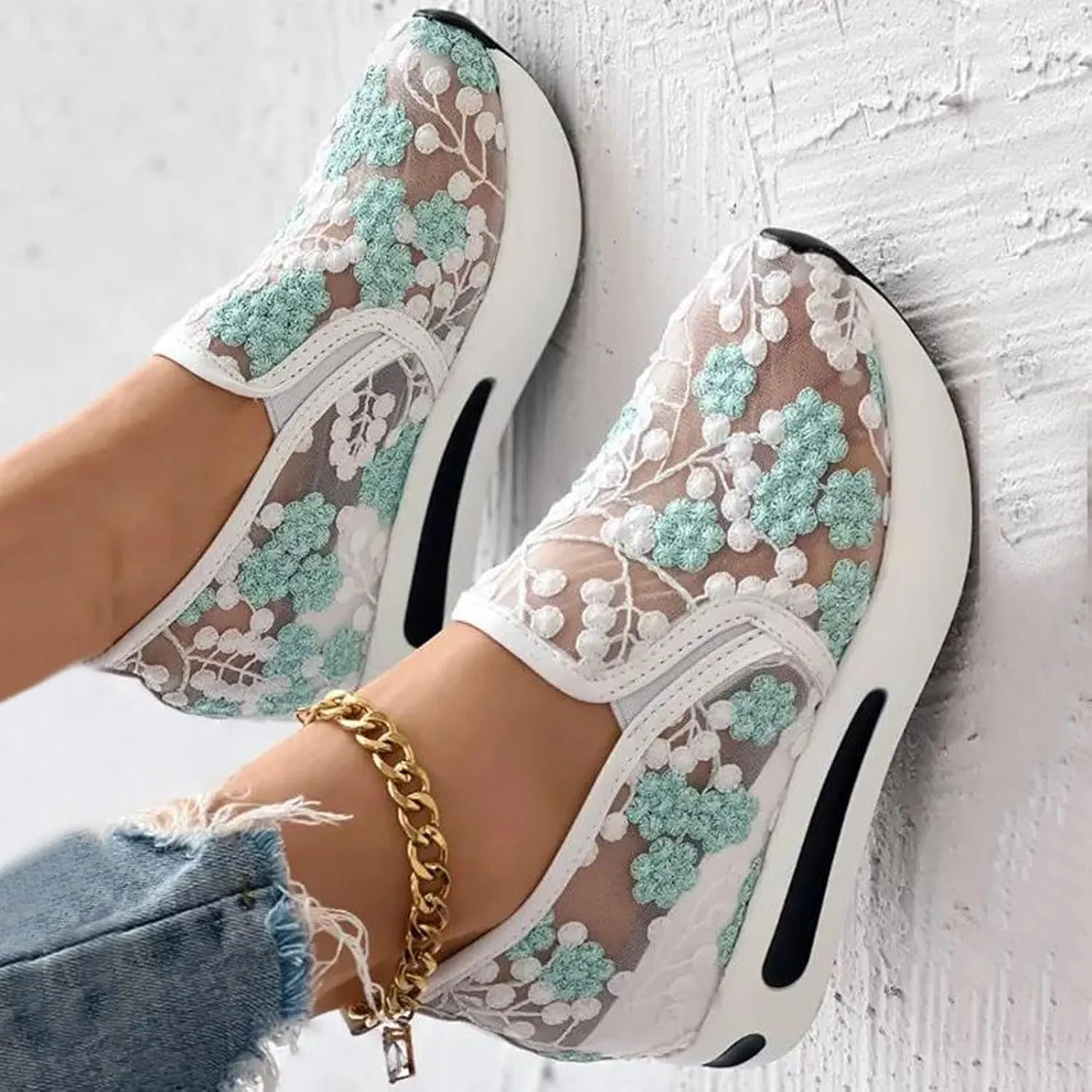 Fashion Sneakers for Women Floral Embroidery Breathable Sheer Mesh Sneakers Slip On Sneakers Platform Wedge Shoes
