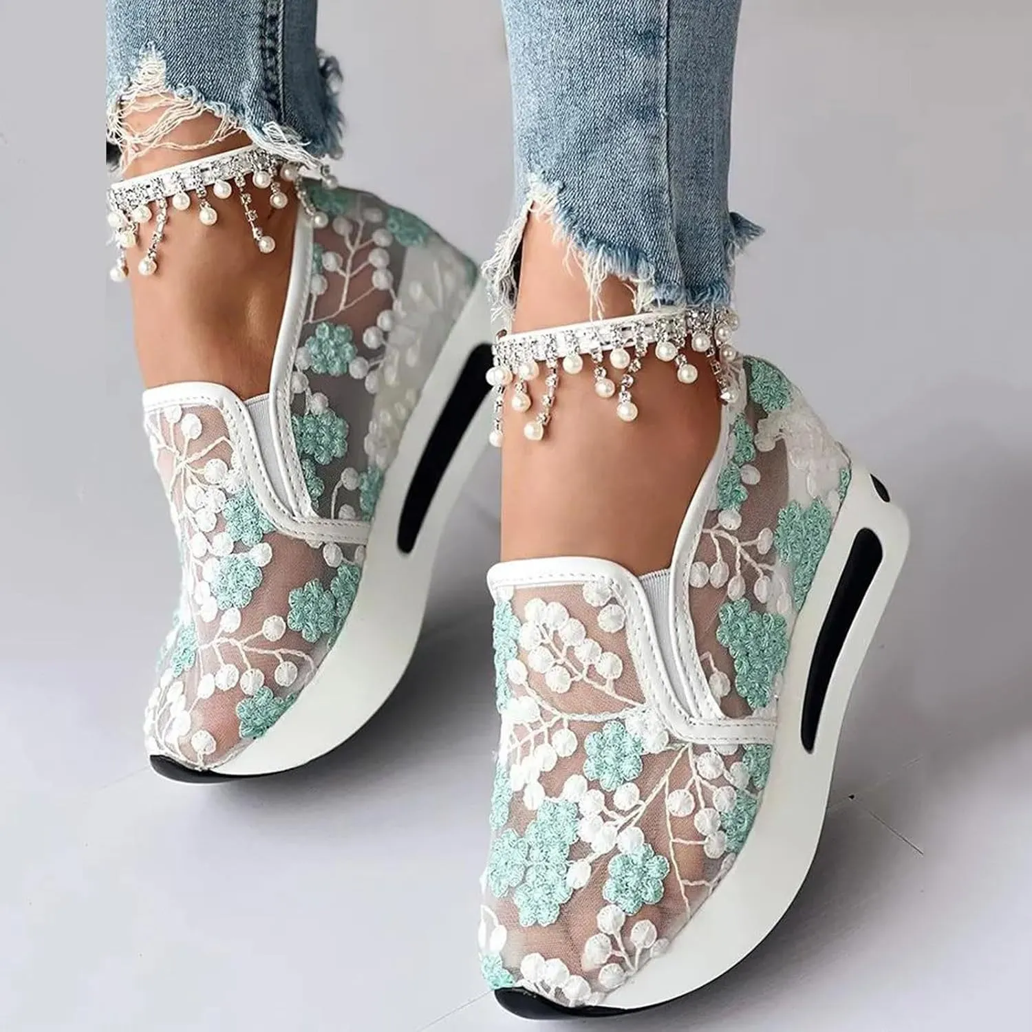 Fashion Sneakers for Women Floral Embroidery Breathable Sheer Mesh Sneakers Slip On Sneakers Platform Wedge Shoes