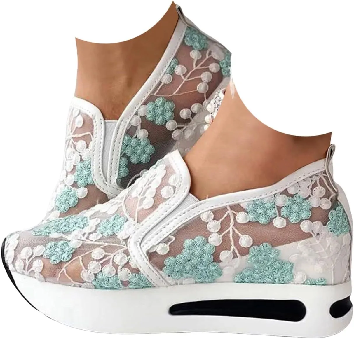 Fashion Sneakers for Women Floral Embroidery Breathable Sheer Mesh Sneakers Slip On Sneakers Platform Wedge Shoes