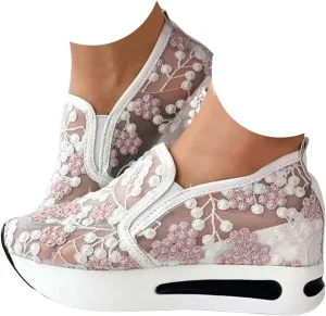 Fashion Sneakers for Women Floral Embroidery Breathable Sheer Mesh Sneakers Slip On Sneakers Platform Wedge Shoes