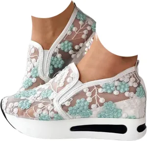 Fashion Sneakers for Women Floral Embroidery Breathable Sheer Mesh Sneakers Slip On Sneakers Platform Wedge Shoes