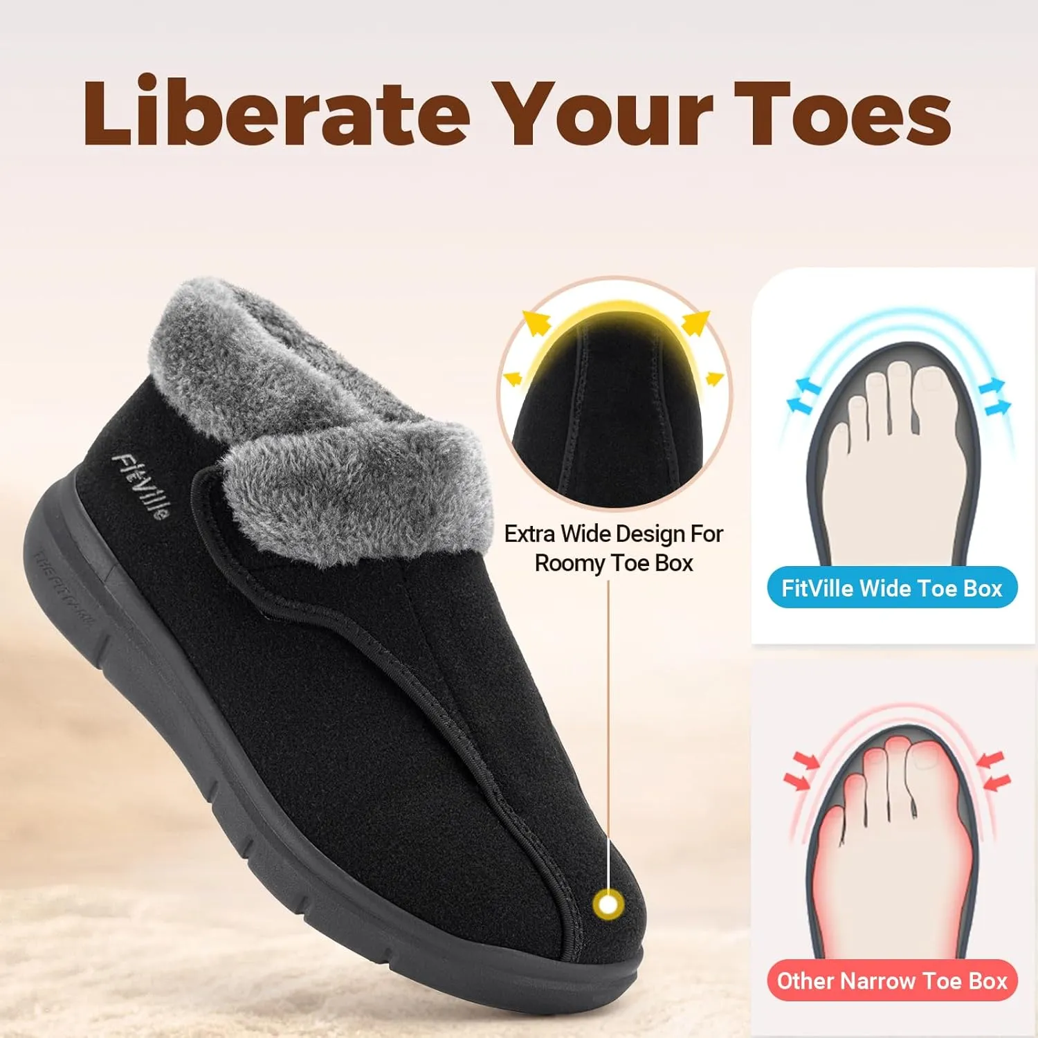 FitVille Diabetic Shoes for Women Wide Width, Warm Adjustable Boots Swollen Feet Shoes for Elderly Foot Pain Relief Plantar Fasciitis Neuropathy