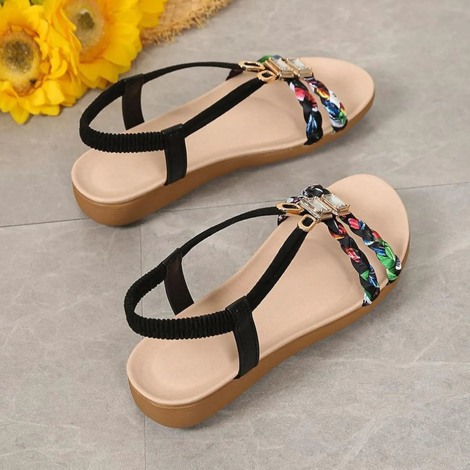 Flat Sandals for Women Comfortable Summer Dressy Bohemian Sandals for Women 2025 Open Toe Elastic Ankle Strap T-Strap Thong Sandal Casual Low Heel Soft Soles Lightweight Walking Sandal