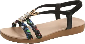 Flat Sandals for Women Comfortable Summer Dressy Bohemian Sandals for Women 2025 Open Toe Elastic Ankle Strap T-Strap Thong Sandal Casual Low Heel Soft Soles Lightweight Walking Sandal